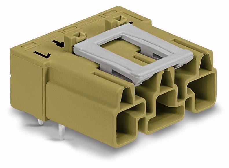 Brązowy wtyk z tworzywa sztucznego o wielu gniazdach, srebrny mechanizm blokujący na górze, trzy styki od spodu.