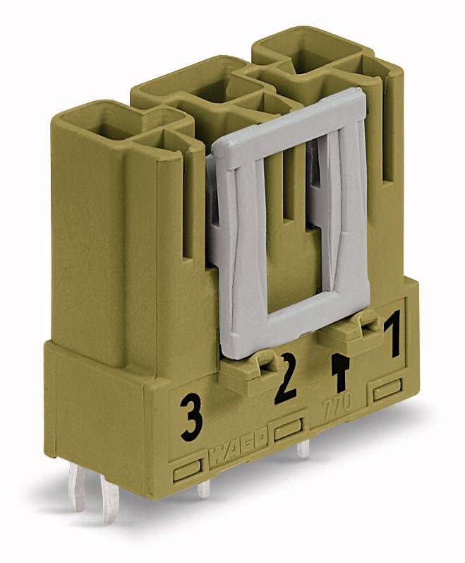 Elektryczny łącznik wtykowy z trzema gniazdami, ponumerowanymi od 1 do 3. Beżowy kolor z ramką plastikową i nadrukowanymi numerami.