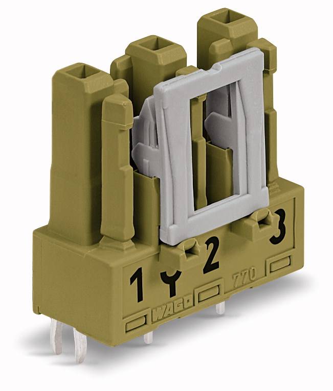 Brązowy, pionowy złącz z numerami '1', '2' i '3' wydrukowanymi na obudowie. Posiada trzy metalowe styki przyłączeniowe.