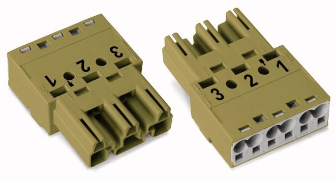 Dwa złącza z numerowanymi wejściami od 1 do 3 na przedniej stronie. Elementy są żółte i mają prostokątne kształty.