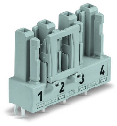 Czterobolcowy, szaro-biały złącz wtykowy z numeracją od 1 do 4, przeznaczony do połączeń elektrycznych; producent-WAGO, seria-770 WINSTA.