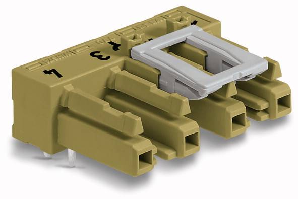 Czterowtykowy złącz w kolorze oliwkowej zieleni z szarym mechanizmem blokującym na górnej powierzchni, oznaczony numerami od 1 do 4.
