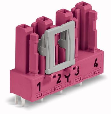 Złącze rozgałęziające WAGO 770 w kolorze różowym, ponumerowane od 1 do 4. Wyposażone w szary zatrzask blokujący pośrodku.