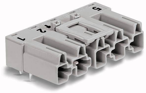 Szary, prostokątny elektryczny złącz z pięcioma ponumerowanymi stykami ułożonymi w jednej linii prostej.