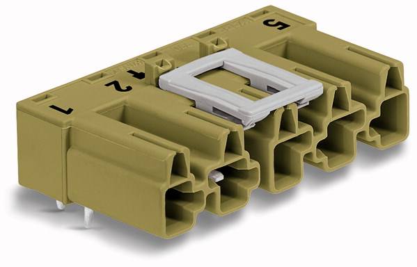 Prostokątny, brązowy elektryczny złącz z pięcioma gniazdami i oznaczeniami cyfrowymi na górnej powierzchni.