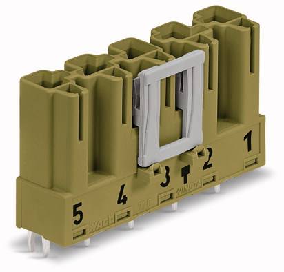 Zielony złącz wtykowy z sześcioma ponumerowanymi przyłączami, dwa z nich oznaczone ramką. Odpowiedni do instalacji elektrycznych.