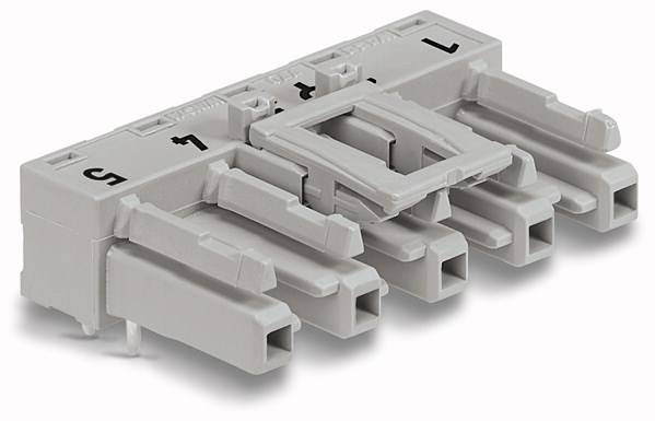 Szary, prostokątny wtyk z tworzywa sztucznego z wieloma gniazdami przyłączeniowymi, przeznaczony do stosowania w urządzeniach elektronicznych.