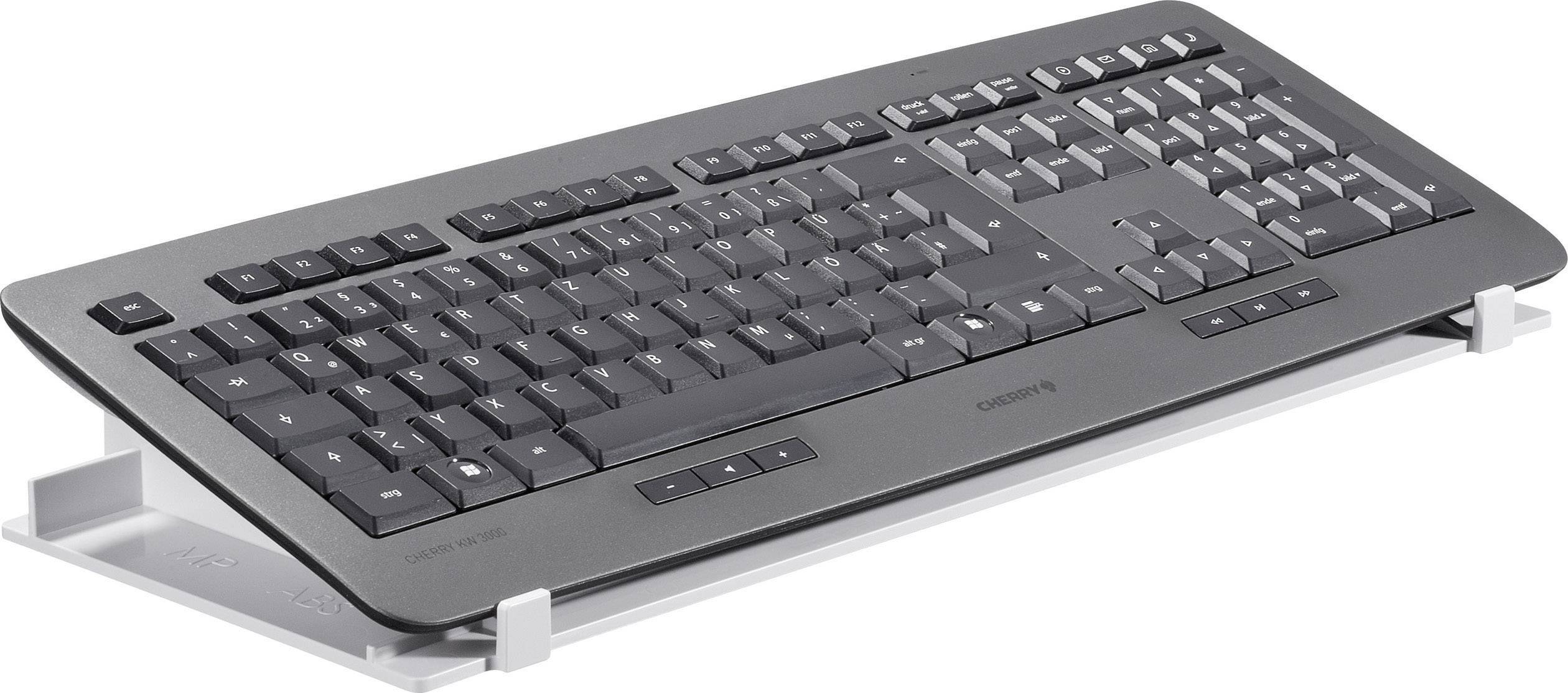 Czarna, bezprzewodowa klawiatura komputerowa o płaskiej konstrukcji na białym tle. Klawisze są widoczne, ale bez widocznych oznaczeń.