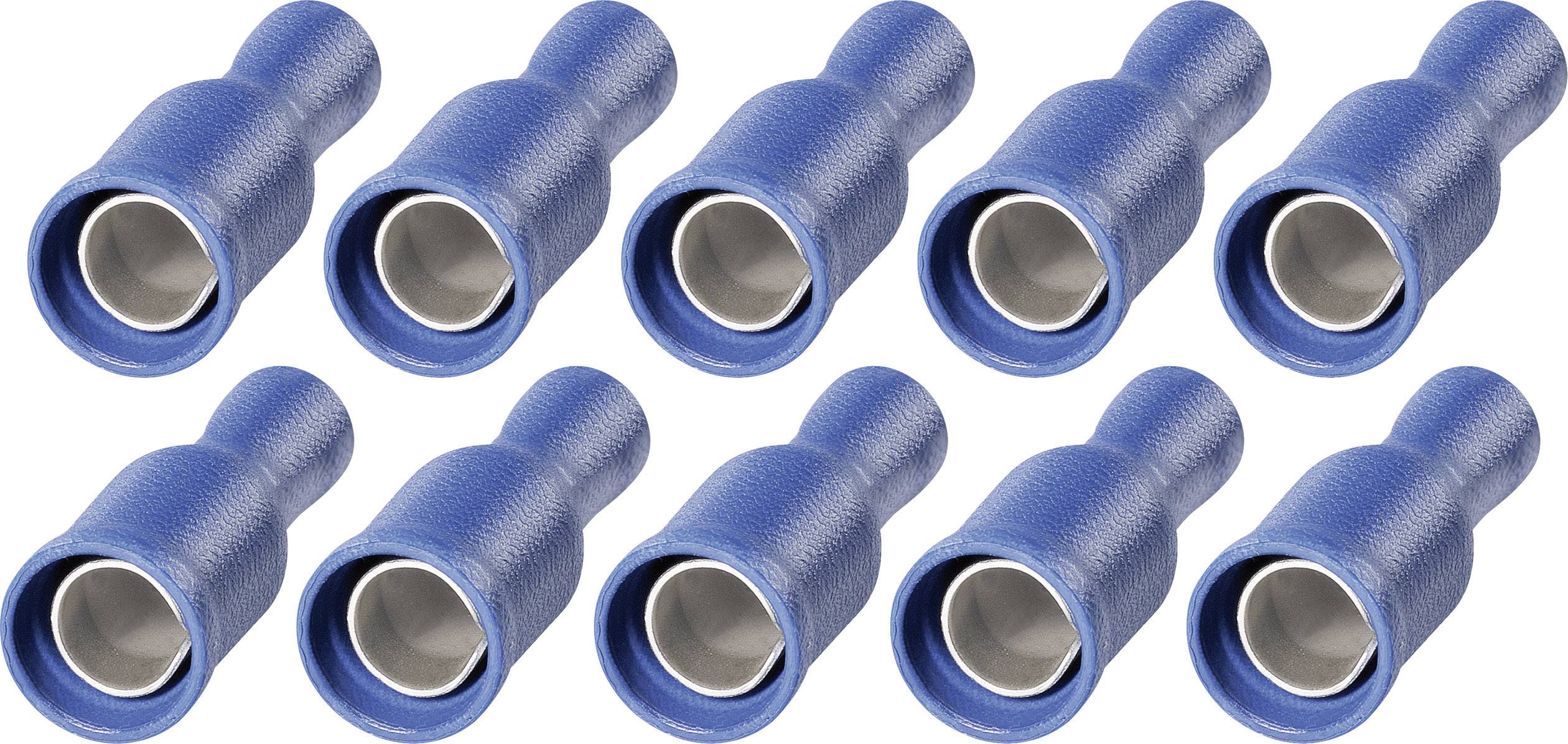 Dziesięć niebieskich, cylindrycznych wtyczek F do kabli koncentrycznych na białym tle, ułożonych w dwóch rzędach.
