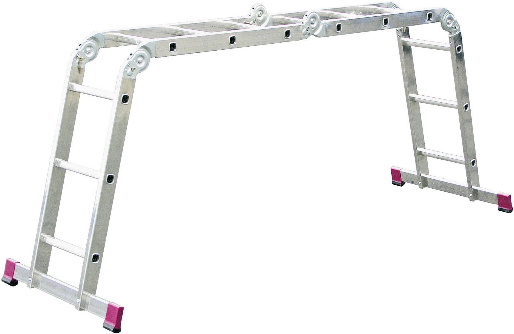 Składana drabina aluminiowa w kształcie litery M, odpowiednia do prac malarskich lub robót na wysokości. Posiada cztery segmenty i czerwone gumowe stopki.
