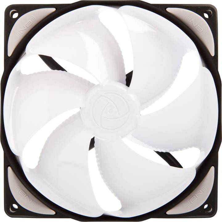 Biały wentylator komputerowy z pięcioma zakrzywionymi łopatkami wirnika, osadzony w kwadratowej czarnej obudowie. Przeznaczony do chłodzenia podzespołów komputerowych.