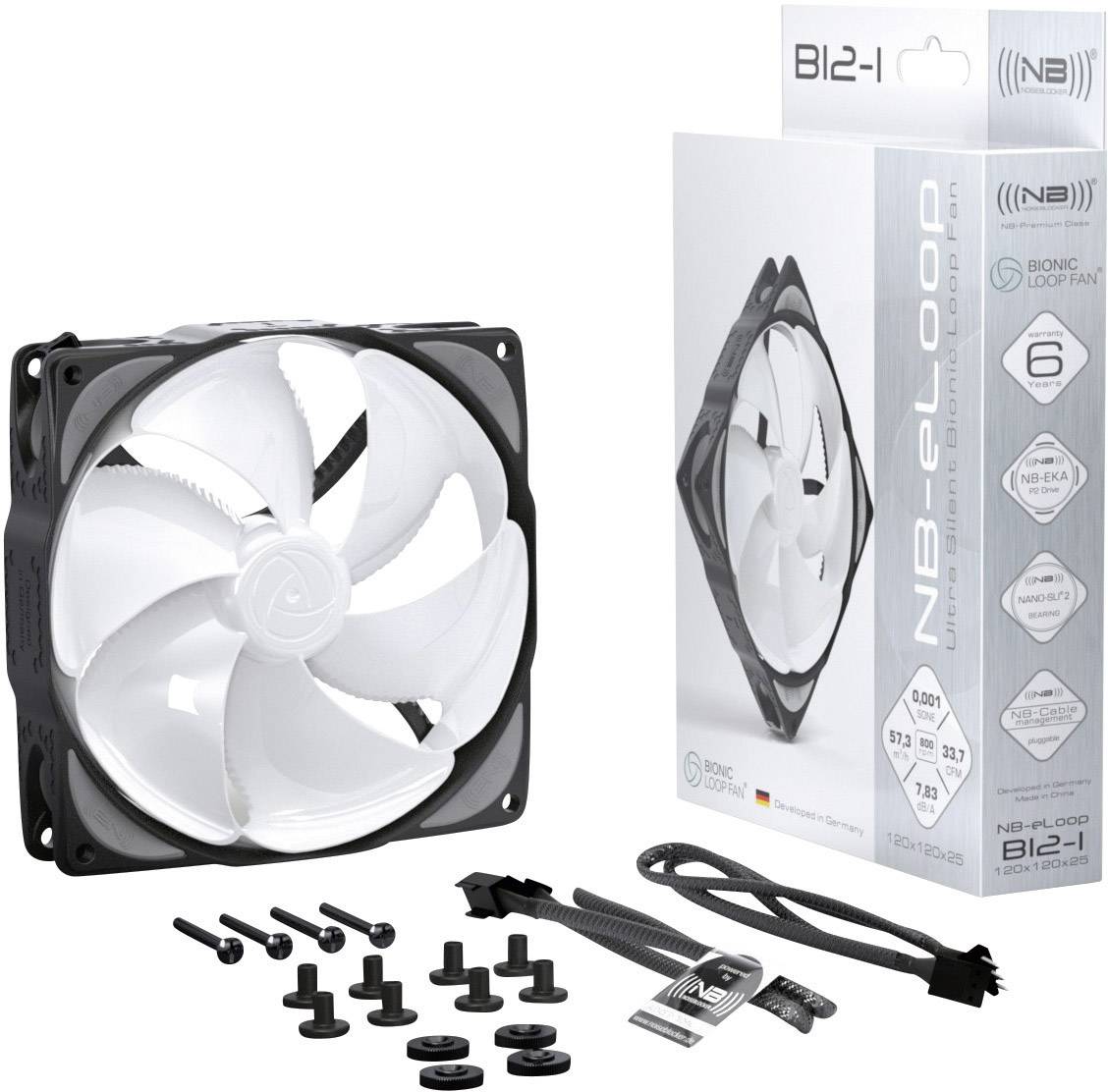 Wentylator w opakowaniu wraz z akcesoriami, takimi jak śruby i kable. Opakowanie przedstawia specyfikacje oraz model wentylatora NB-Eloop B12-1.