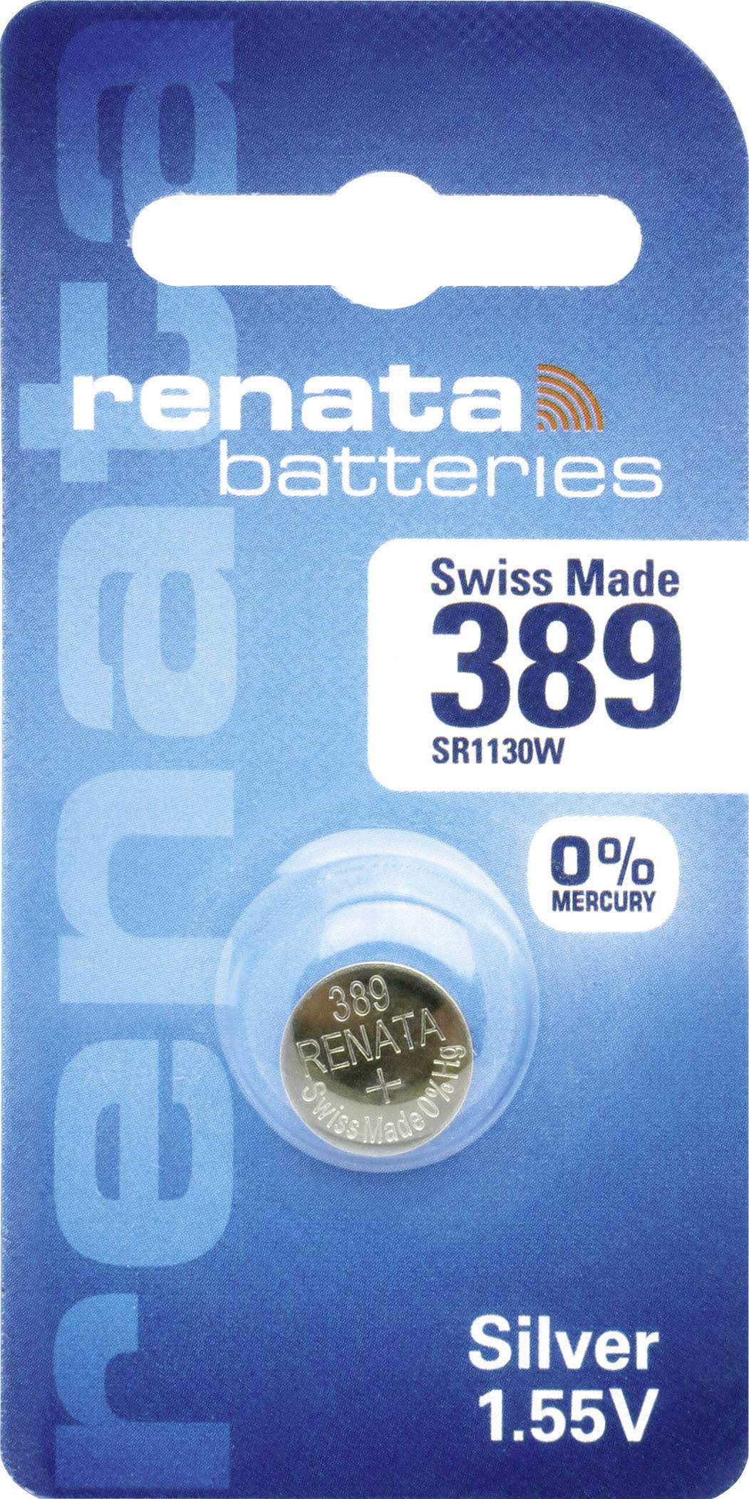 Ilustracja przedstawia baterię Renata, typ 'Swiss Made 389 SR1130W', bez zawartości rtęci (0% Hg), na niebieskim opakowaniu.