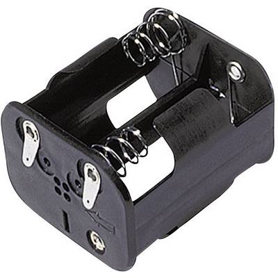 Czarny uchwyt na baterie do dwóch baterii z metalowymi sprężynami stabilizującymi i stykami umożliwiającymi przepływ prądu.