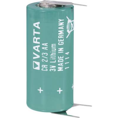 Zielony cylindryczny akumulator litowy firmy Varta, model CR 2/3 AA, 3V. Oznaczenia: „Wyprodukowano w Niemczech".