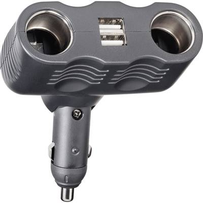 Adapter samochodowy z gniazdem zapalniczki z dwoma gniazdami i podwójnym złączem USB, odpowiedni do gniazda zapalniczki w samochodzie.