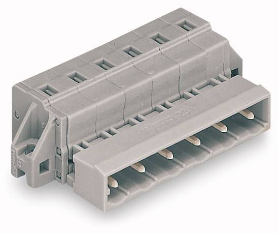 Szary, prostokątny wtyk elektryczny z wieloma punktami przyłączeniowymi, stosowany w zastosowaniach przemysłowych lub elektronicznych.