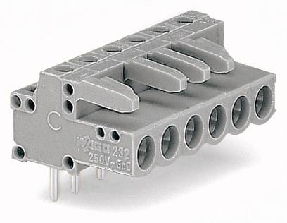 Szary elektryczny złącz wtykowy z sześcioma stykami, oznaczony napisem '250V-GG', prezentujący piny do montażu na płytce drukowanej.