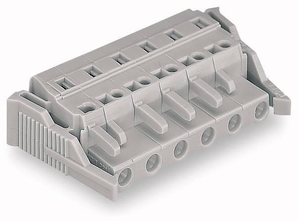 Szary wtyk z tworzywa sztucznego z pięcioma stykami, odpowiedni do połączeń elektronicznych.