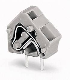 Szary złącze elektroniczne z dwoma metalowymi pinami, o kształcie trójkąta, przeznaczone do montażu na płytce drukowanej.