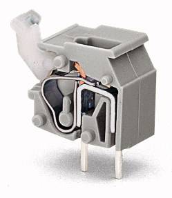 Szary elektryczny złącz z przezroczystą górną sekcją i metalowymi stykami, przedstawiony w technicznym przekroju poprzecznym.