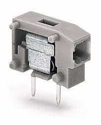 Szary złącze elektroniczne, prostokątne, z dwoma metalowymi stykami od dołu i jednym gniazdem od góry, przeznaczone do montażu na płytce drukowanej.