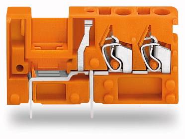 Pomarańczowy elektryczny złącz z metalowymi zaciskami, widziany z boku. Przeznaczony do łączenia przewodów w szafach sterowniczych.