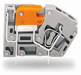 Szary złącze z pomarańczową dźwignią i dwoma metalowymi stykami. Funkcjonalny komponent elektroniczny do połączeń kablowych.