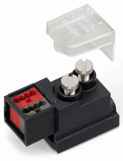 Złącze urządzenia ze złączkami śrubowymi i pokrywą ochronną. Odpowiednie do podłączania przewodów w urządzeniach elektrycznych.