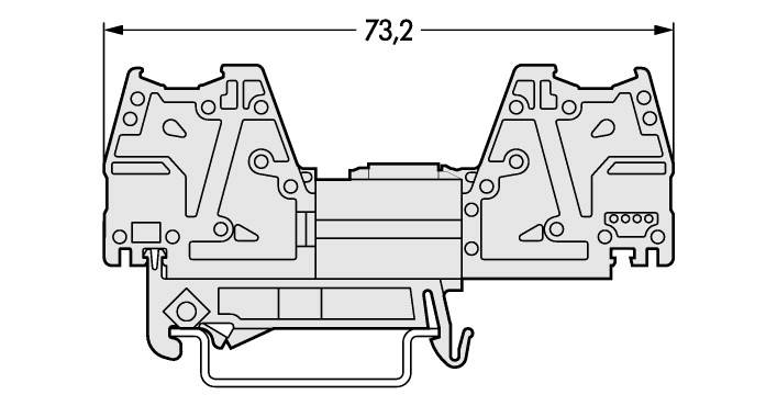 Schemat elektrycznej listwy zaciskowej o szerokości 73,2 mm. Przedstawia szczegóły techniczne struktury elementów i punktów przyłączeniowych.
