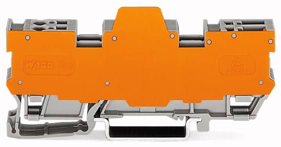 Pomarańczowo-szary blok zacisków szeregowych do połączeń elektrycznych w tablicach rozdzielczych.