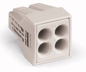 Biała, kwadratowa listwa zaciskowa z czterema okrągłymi otworami, używana do łączenia przewodów elektrycznych.