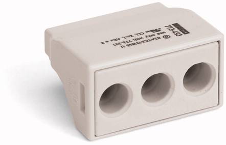 Biała elektryczna kostka łączeniowa z trzema otworami na przewody, w kształcie prostokąta. Oznaczenia na boku wskazują szczegóły techniczne.