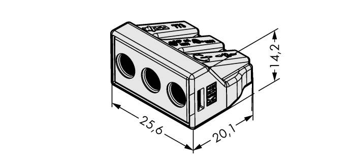 Trójbiegunowe złącze wtykowe o wymiarach: szerokość 25,6 mm, głębokość 20,1 mm, wysokość 14,2 mm.