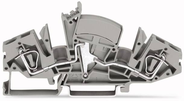 Szare elektryczne pudełko zaciskowe z metalowymi punktami stykowymi i przyłączami kablowymi, szczegółowo prezentujące wewnętrzną strukturę.