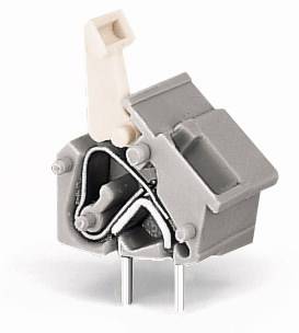 Plastikowy przycisk z metalowymi stykami, prawdopodobnie element urządzenia elektronicznego lub przełącznika. Bez jakichkolwiek oznaczeń.