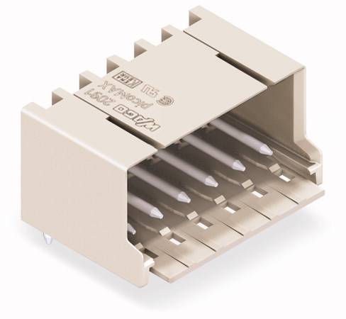 Prostokątny złącze z wieloma metalowymi stykami zwrócony jest stroną styków do przodu. Odpowiedni do połączeń elektronicznych.