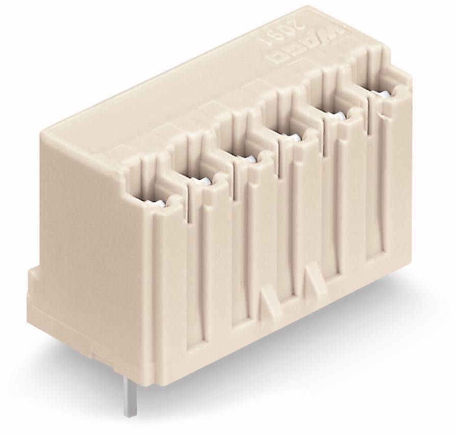 Złącze elektroniczne w białej obudowie z tworzywa sztucznego, sześciopinowe, przeznaczone do montażu na płytce drukowanej.