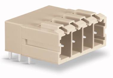 Beżowa, prostokątna wtyczka z czterema gniazdami przyłączeniowymi i elementami mocującymi po bokach.