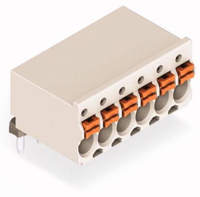 Elektryczny złącz wtykowy z pięcioma pomarańczowymi dźwigniami umożliwiającymi łatwą instalację przewodów. Odpowiedni do montażu na płytkach drukowanych.