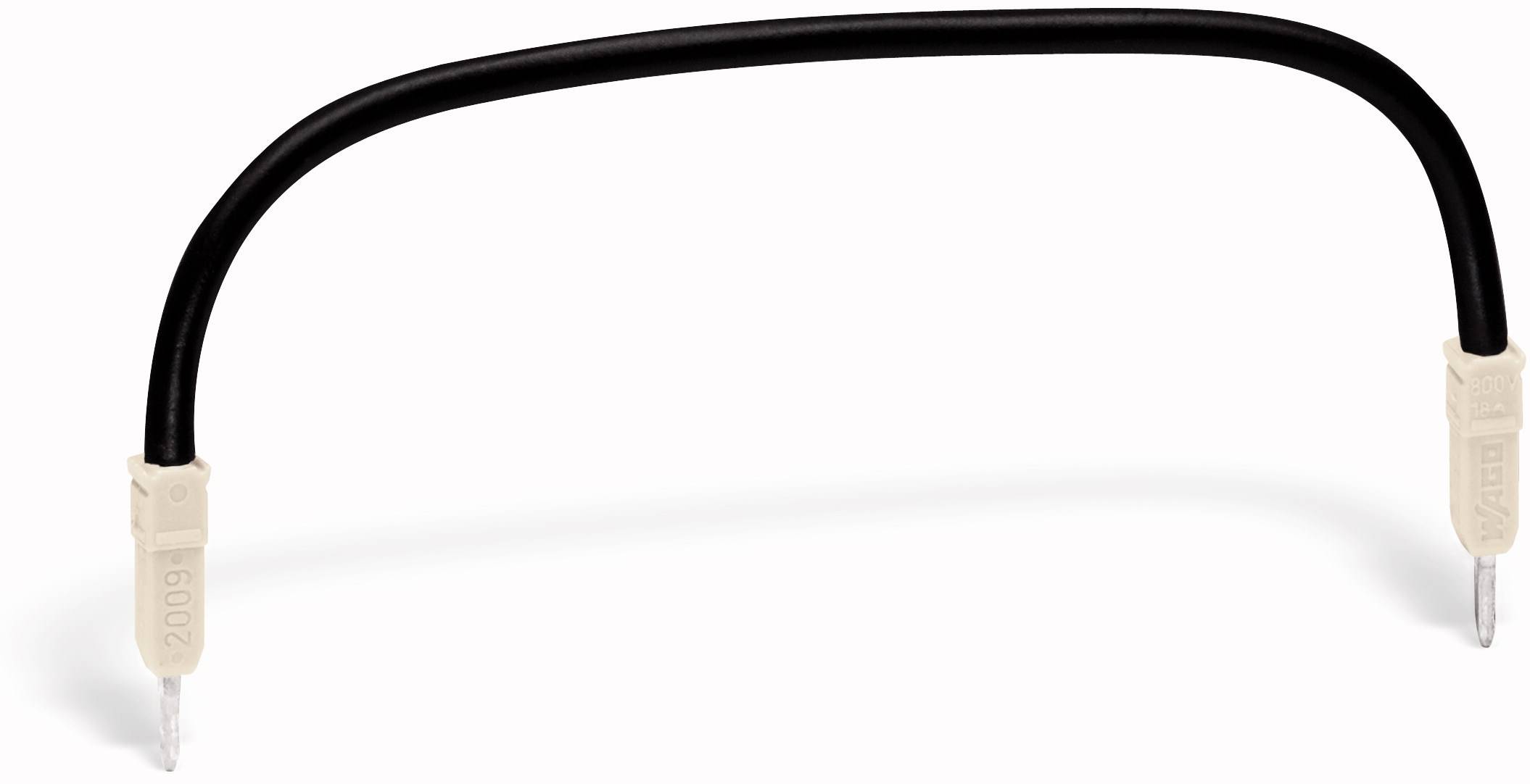 Czarny kabel w kształcie litery U z dwoma wtyczkami na końcach, używany do łączenia elementów elektrycznych.