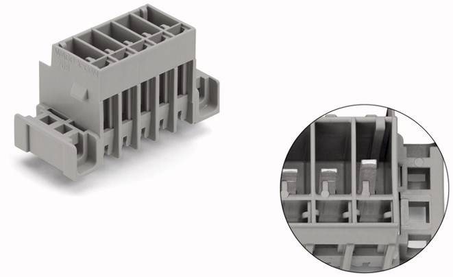 Szare obudowy złączy wtykowych z tworzywa sztucznego z wieloma gniazdami i mechanizmami blokującymi, z prawej strony szczegółowy widok jednego gniazda.
