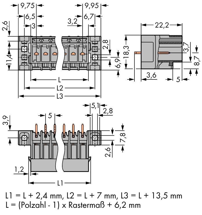 Rysunek techniczny złącza elektrycznego z wymiarowaniem oraz wzorami do obliczania długości L1, L2 i L3.