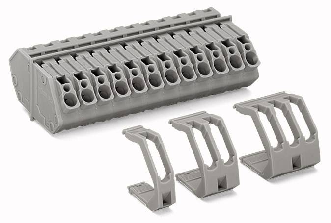 Szary element montażowy z wieloma gniazdami i trzema pojedynczymi przylegającymi uchwytami po prawej stronie. Prawdopodobnie w kontekście przemysłowym.