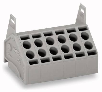 Szaro-białowa, prostokątna część z tworzywa sztucznego z dziesięcioma okrągłymi otworami, podparta dwoma płaskimi elementami zewnętrznymi.