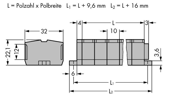 Rysunek techniczny złącza z wymiarami: szerokość 32 mm, wysokość 22,1 mm, L1=L+9,6 mm, L2=L+16 mm. Widok z boku przedstawiający interfejsy.