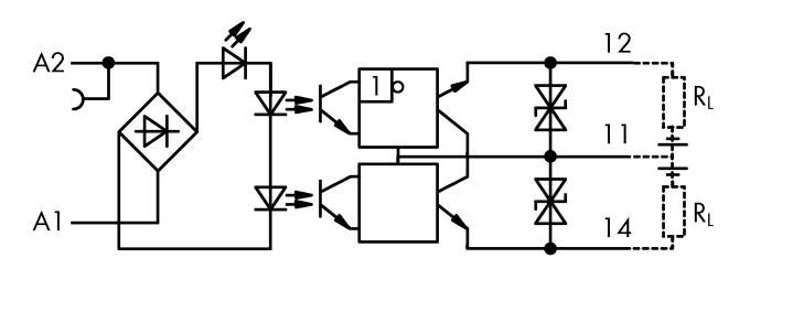Schemat blokowy elektronicznego układu z diodami, tranzystorami i rezystorami, pokazujący kierunek przepływu prądu. Oznaczenia: A1, A2, 1, 11, 12, 14, RL.