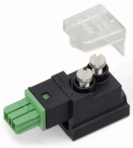 'Wtyk dwubiegunowy z zielonym złączem i srebrnymi śrubami. Nad nim unosi się przezroczysta obudowa ochronna.'