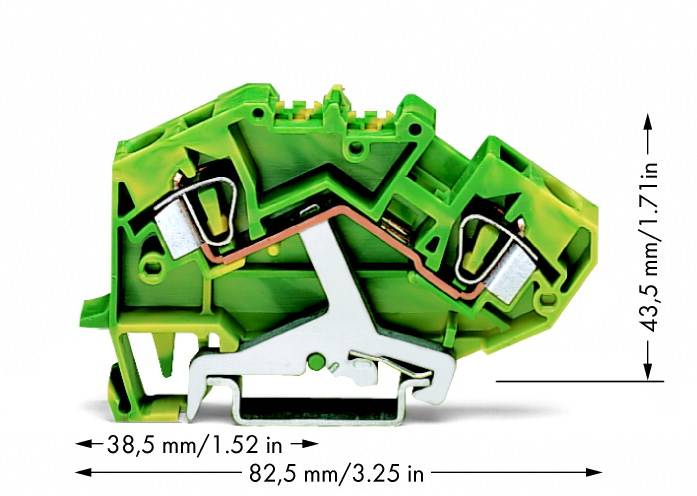 Elektryczna złączka zielona o wymiarach: 38,5 mm szerokości, 43,5 mm wysokości, 82,5 mm długości.