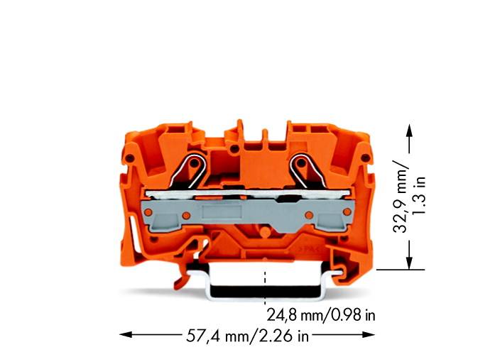 Pomarańczowy elektryczny złącz wtykowy o wymiarach: szerokość 57,4 mm, głębokość 24,8 mm, wysokość 32,9 mm, z metalowym obszarem zacisków.